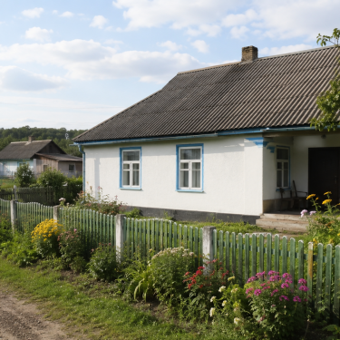 Біла хатина серед саду