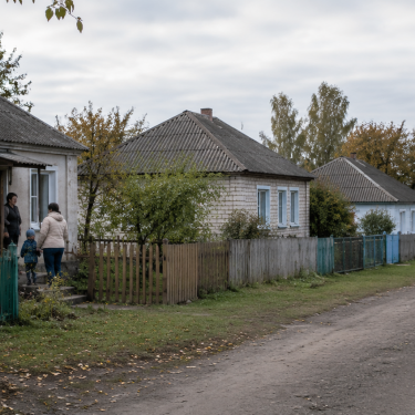 Осенняя улочка села с церковью вдали