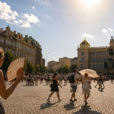 Дівчина з віялом на площі у Празі