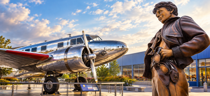 Пам'ятник Амелії Ергарт у Hangar Museum і літак Lockheed Electra 10-E